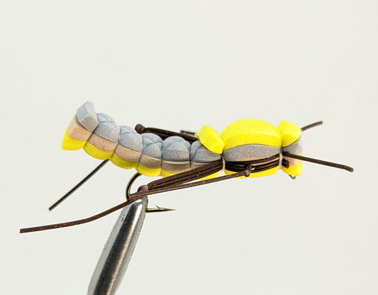 Foam Hopper Yellow  Fly fishing fly. Dry, subsurface and nymph flies for anglers and fisherman. All the flies you need for sale online. Flies to buy online. Online fly fishing supplies. Catch fish with flies from Frontier Flies.